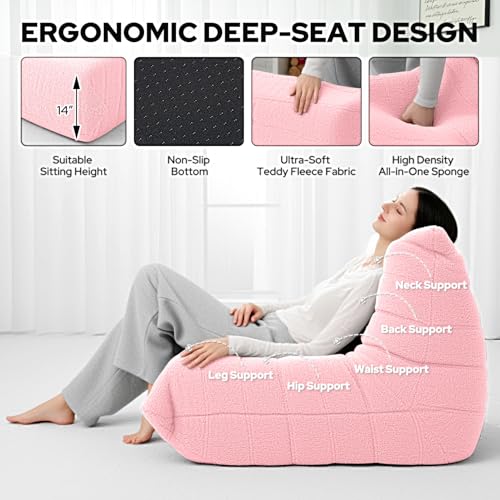 Image of Bean Bag Chairs Fireside Lazy Floor Sofa,Single,Pink | Soft Teddy Fleece Bean Bag Sofa with High-Resilience Foam Filling,Beanbag for Living Room, Bedroom, Office
