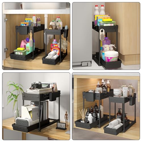 4-Pack Under Sink Organizer, 2-Tier Multi-Use Pull Out Kitchen Bathroom Organizers and Storage with Sliding Drawer, Cabinet Organizer with 2 Hanging Cups and Multi-type Hooks (Black) - Thumbnail 4