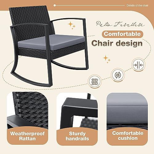 image for Greesum 3 Pieces Outdoor Furniture Set Patio Bistro Rocking Chairs wit