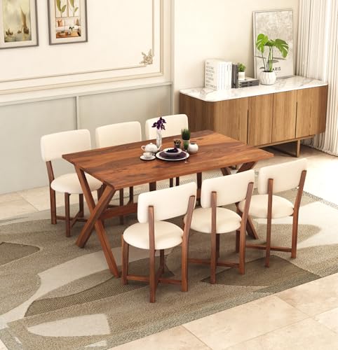 Image of MURALICRAFT Sheesham Wood 57 inch Dining Table 6 Seater | Six Seater Dinning Table Set with 6 Upholstered Dining Chairs | Table Top: Premium Sheesham Wood | Chair: Round Edge | Easy Assembly, Honey