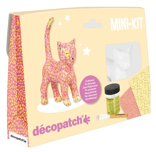 Décopatch KIT012O - Un mini-kit comprenant un animal en papier pulpé blanc, 2 feuilles Décopatch, un pinceau et un pot de vernis colle, CHAT