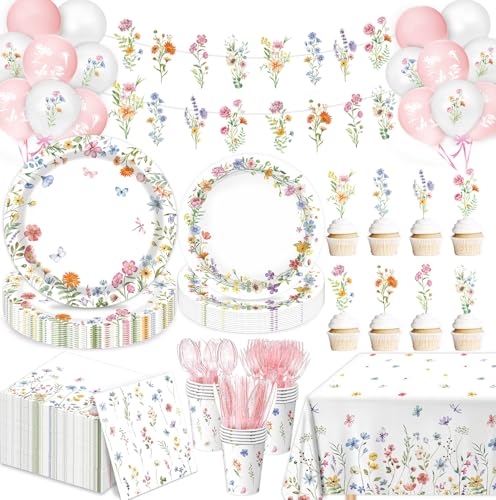 LINHAXM 175 PCS Spring Wildflower Party Decorations include Plates Cups Napkins Cutlery Cake Toppers Banner Tablecloth Balloons for Floral Baby Shower Birthday Decorations Serves 20