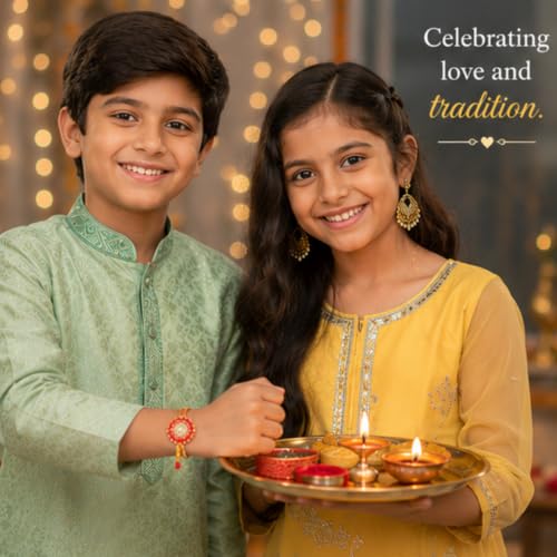 Image of DIKANG Combo Pack of 10 Premium Rakhi Set for Brother and Bhabhi | Mauli Thread Rakhi with Roli Chawal Tilak Set & Greeting Card | Rakhis for Rakshabandhan with Tealight Candle (NR110)