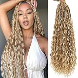 Eeanno Goddess Box Braids Crochet Hair 18 Inch 7 Packs Mixed Blonde 613 Boho Crochet Hair for Women Pre Looped Crochet Box Braids with Curly Ends, P27613