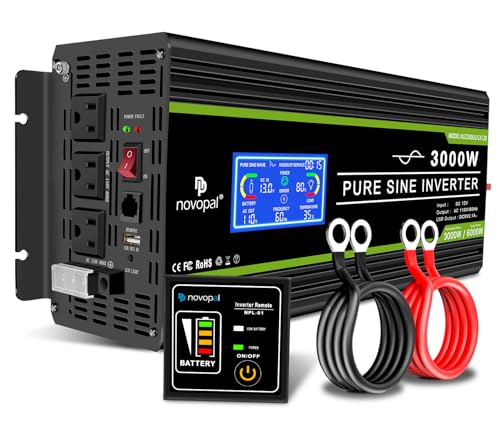 Image of NOVOPAL 3000 Watt Pure Sine Wave Power Inverter DC 12V to AC 110V 120V Rv Inverters with 3 AC Outlets,High Power Terminal-16 ft Remote Control, LCD Display for Truck, Hurricane, Home