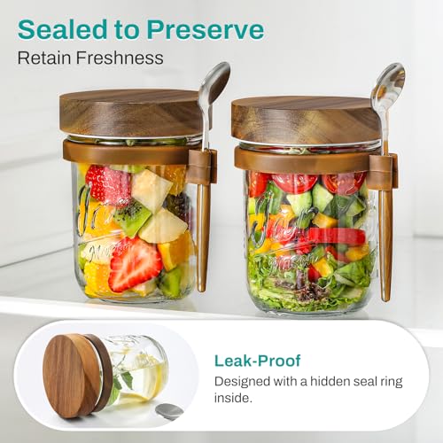 Image of LANDNEOO 4 Pack Overnight Oats Containers with Wooden Lids and Spoons, 16oz Glass Mason Overnight Oats Jars with Lids, Large Capacity Airtight Jars for Milk, Cereal, Fruit