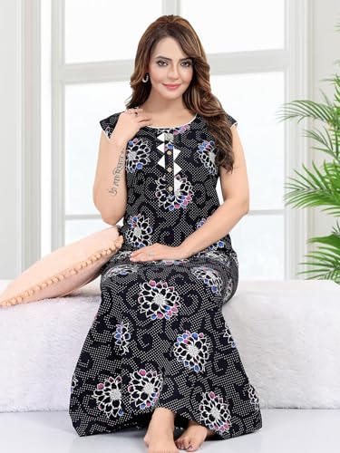 Image of Women's Cotton Free Size Nighty Maxi Dress - Sleeveless Long Floral Printed Night Gown | Soft Breathable Lounge Wear | Full Length Comfortable House Dress