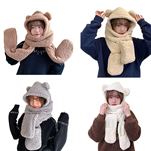 3 in 1 Winter Hats Gloves Scarf Sets Cartoon Bear Ear Shape Warm Hat Gloves Pocket Earflap Hat Long Scarf for Girls4