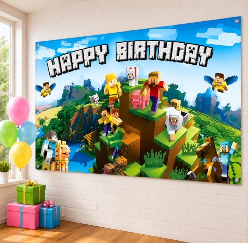 Image of Happy Birthday Banner Boy 5x3ft Birthday Sign Village Gaming Birthday Party Decorations Videogame Themed Banner Video Game Decorations Video Game Happy Birthday Backdrop for Boys