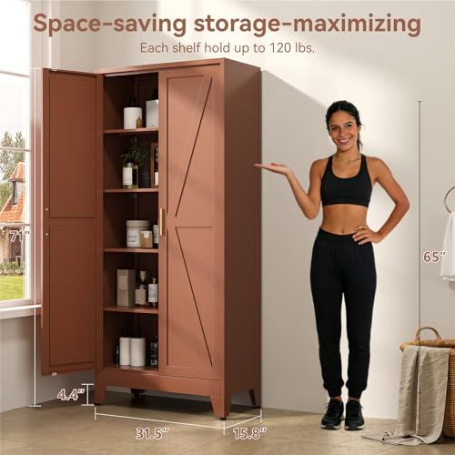 Image of Farmhouse Pantry Cabinet with Barn Doors, 71 inch H x 31.5 inch W, 5-Tier Metal Storage Cabinet with 4 Adjustable Shelves for Kitchen Garage Dining Room,Brown 1 Pack