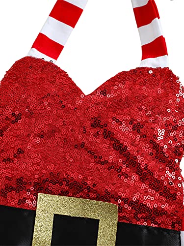 Baby Girls Christmas Romper with Yarn Skirt Hem, Red Stripe One Piece Printed Pattern Halter Neck Outfit, Red, 0-3 Months - Afbeelding 4