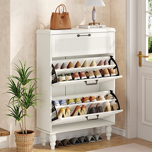 Tribesigns Shoe Cabinet With Flip Drawers: White Shoe Organizer Cabinet With 3 Drawers, Slim Freestanding Shoe Storage, Wood Shoe Rack For Entryway, Living Room, Closet, White #TOP6
