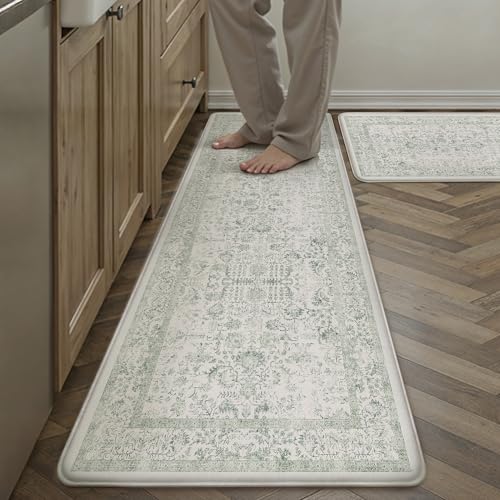 Kitchen Mats 2PCS Anti Fatigue Cushioned Mat Light Green Vintage Kitchen Mats for Floor Waterproof Non Slip Comfort Standing Retro Floral Rug for Sink