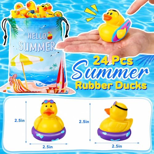 24 Pcs Summer Rubber Ducks with a Bag, Ducks for Cruise Ship Hiding, Ducks for Jeeps, Assorted Beach Duckies Toys for Summer Vacation, Cruise Essentials 2026, Beach Party Favors Gifts for Kids