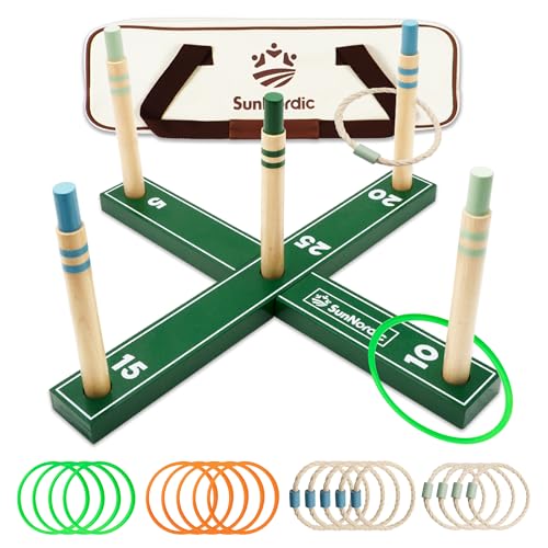 SunNordic Outdoor Ring Toss Game Set, Wooden Lawn Games with Carry Bag