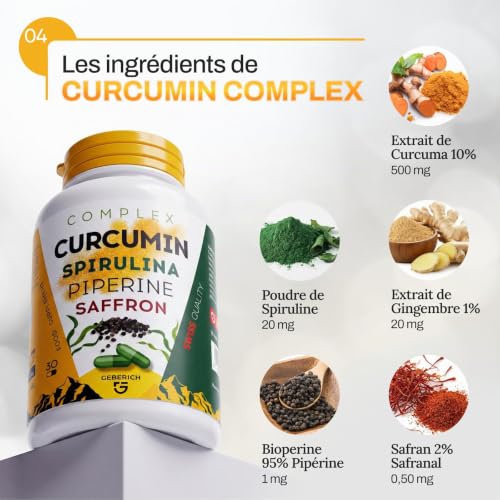 Gélules Complex Curcumin | Soutien Anti-inflammatoire | Extrait de Curcuma 10% 500 mg + Spiruline 20 mg | Bien-être Général | avec Gingembre 20 mg, Pipérine 1 mg et Safran 2% 0,5 mg | 30 Gélules – vue 5