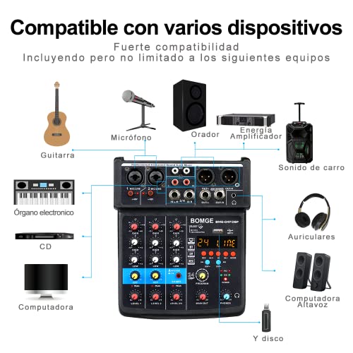 Bomge 4 Channel Mini Dj Audio Sound Mixer Interface With Mp3、 Usb, Bluetooth, Stereo Recording, 48V Phantom Power, 24 Dsp For Karaoke, Performance, Church Singing 、 Podcas Streaming #TOP1