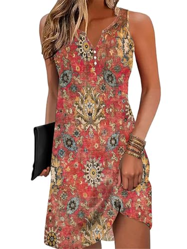 Image of Disamer Womens Summer Dress 2026 Casual Button Down V Neck Sleeveless Boho Floral Beach Sundresses Vacation A-Line Dresses
