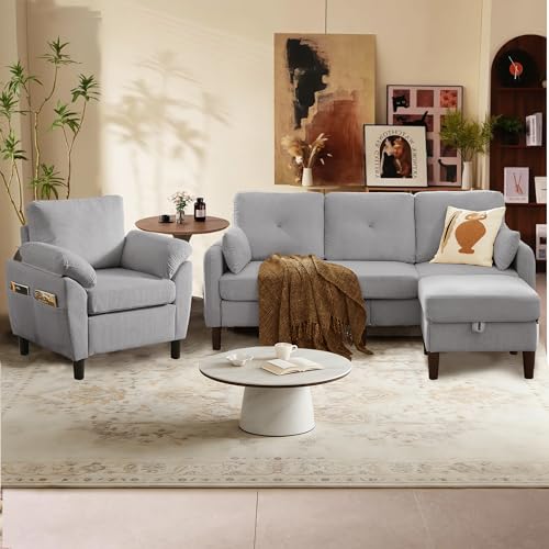 Image of 3 Pieces Sofa Set for Living Room with Sofa, Storage Ottoman and Single Chair