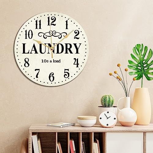 Byron Hoyle Wood Wall Clock Laundry Clock- Laundry Room Clock 12" Round Hanging Clock Rustic Tuscan Style Clock Silent Non Ticking Wall Decor For Home,Office,School #TOP2