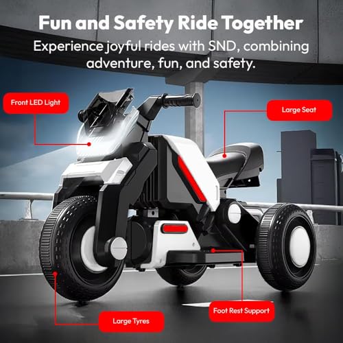 Image of StarAndDaisy Electric Ride-On Bike for Kids, Toddlers & Baby - 3 Wheel Rechargeable 6V Motorcycle with LED Lights, Bluetooth, USB, Foot Acceleration and Comfortable Seat (White)