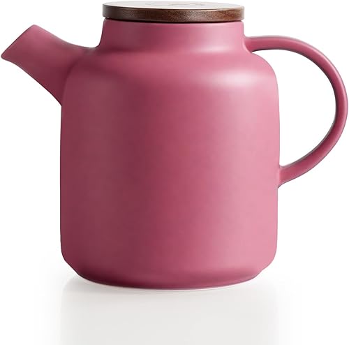 Yundu Tetera de cerámica de 50.7 fl oz 50 onzas con infusor y tapa de madera, morado mate, tetera de hojas sueltas con colador extraíble, gran