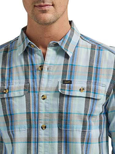 Lee Men's Extreme Motion All Purpose Long Sleeve Worker Shirt, Mushroom Seaglass Plaid #TOP2