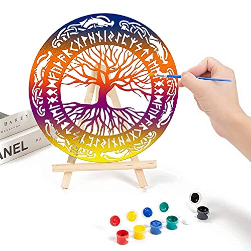 Image of Tucocoo 4 Pieces Viking Wooden Wall Decor Tree of Life Wall Art Nordic Viking Runes Amulet Wall Decor Wooden Viking Warship Home Decor Can Be Graffiti, Ready to Hang Living Room Decor-12''x12''x0.2''