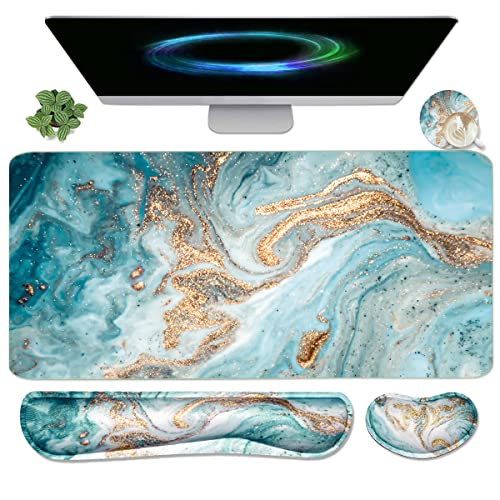 Keyboard Mouse Pad Set, Extended Mouse Pad+Keyboard Wrist Rest Support, Memory Foam Ergonomic Easy Typing, 3Pcs (35.4×15.7 in) Desk Pad Set for Home Office Study Game-Green Marble