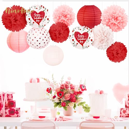 Image of NICROHOME EUR Valentine's Day Decorations, 12 PCS Pink Red Love Tissue Paper Pom Poms and Lanterns Set, Red rose heart printed paper flowers for Valentine's Day Party Supplies