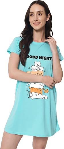 Fflirtygo Women’s Printed Knee Length Cotton Nighty | Short Sleeve Nighty | Short Nightdress | Long T-Shirt | Regular Fit ...