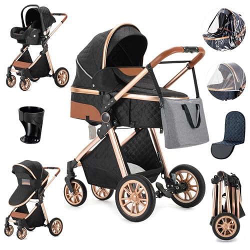 Zkiprm Carrito Bebe 3 en 1, Carrito Bebe Portátil Plegable con Un Clic, Carro Bebe 3 Piezas con Silla de Auto y Capazo Giratorio, Mayor Calidad Alto Marco de Aluminio Conjunto Paisaje Carrito de Bebe