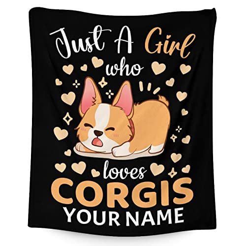 Personalized Corgi Blanket Gifts with Name - 50"x60" Cute Throw for Adults, Kids - Black Soft Fuzzy Blankets for Bed, Couch & Living Room