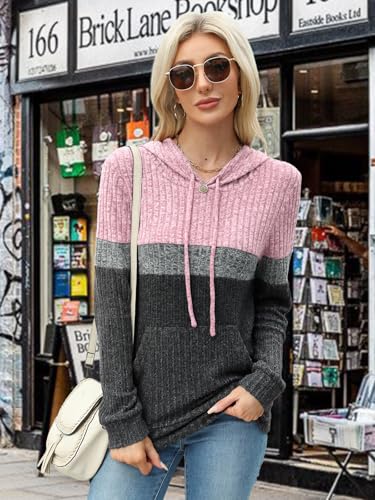 MixShe Women’s Color Block Knit Hoodie – Casual Long Sleeve Pullover Sweater Tops with Pocket