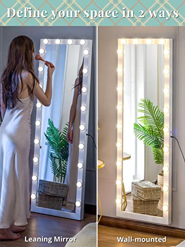 Luxfurni Floor & Full Length Mirrors, Large Standing Body Mirror With Lights, Tall Cheval Mirror For Bedroom, White #TOP4