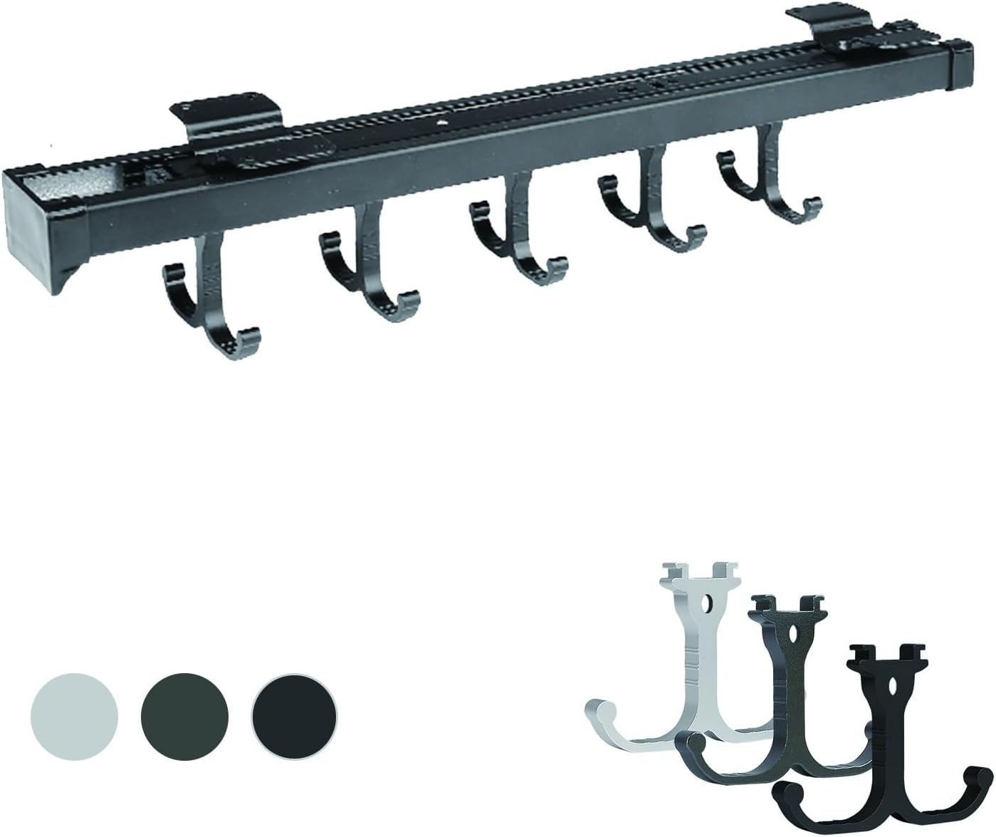 Aluminum alloy pull out pot pan rack with 5-7 movable hooks,pot hangers for kitchen,Pull Out Mop Broom Holder & Organizer Tool Racks ,For cabinets and miscellaneous storage(Black,36cm/14.17in)