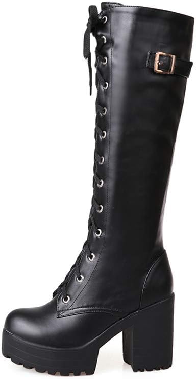HILIB Woman Fashion Sexy High Heel Boots Women Lace Up Thick Platform Knee High Square Heel Winter Shoes
