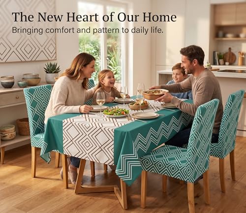 Image of Styleys Dining Chair Cover with Table Covers for Kitchen Waterproof Dining Table Cloth (1 Table Cover + 4 Chair Cover, Green Abstract, K732)