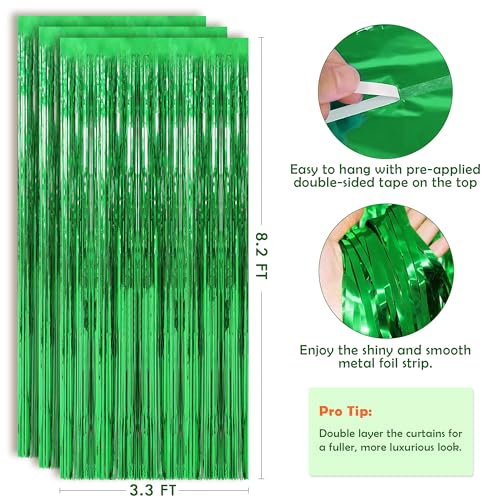 Image of Green Tinsel Backdrop Curtains - 2 Pack Foil Fringe Streamers Photo Backdrop for 2027 World Soccer Cup Party Decorations | Soccer Football Theme Birthday Dinosaur Animal Party Wall Decor