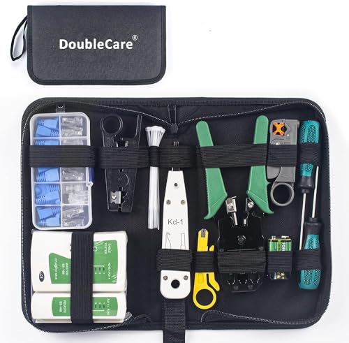 Netzwerk Werkzeug Set, 12 in 1 Professionell Reparaturwerkzeuge Netwerk Kit Abisolierzange&Krimpzange RJ45 Stecker,LAN Kabeltester Crimpzange Set