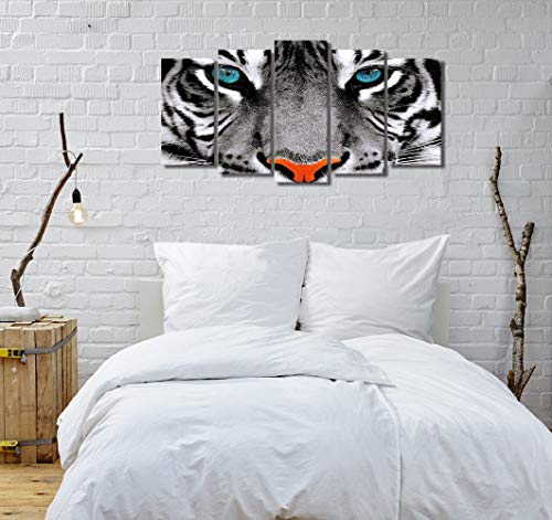 Welmeco 5 Pieces Animal Black And White Tiger With Blue Eyes Canvas Wall Art Picture Prints Framed And Stretched Wilflife Painting Contemporary Art For Modern Home Office Living Room Decoration #TOP4
