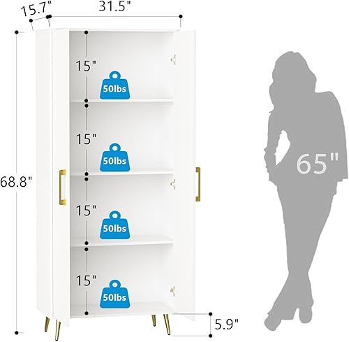 Miniatura 2 de Armario de almacenamiento blanco Armario de almacenamiento de 69 pulgadas de alto con 2 puertas y estantes ajustables, despensa de cocina