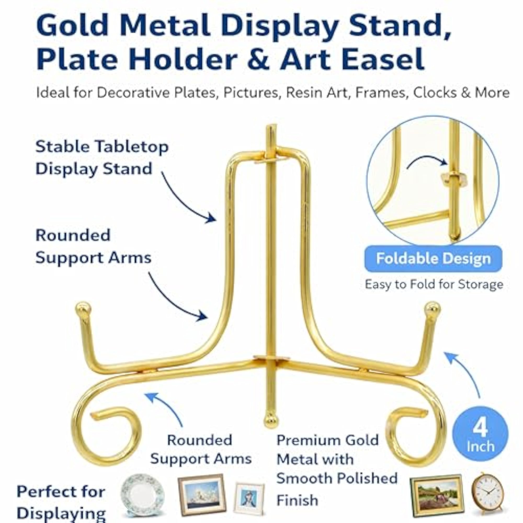 Golden Metal Foldable Display Stand, Decorative Plate Holder