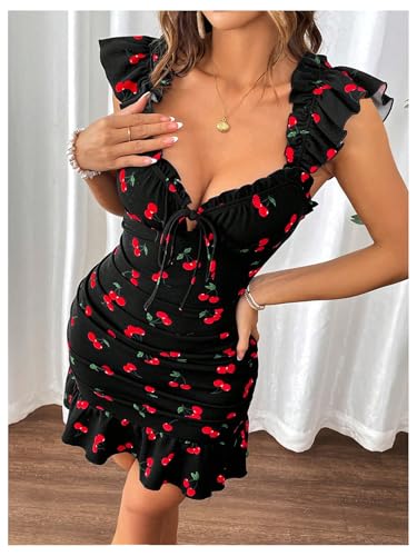 Image of MakeMeChic Women's Cherry Print Ruffle Sleeve Bodycon Dress