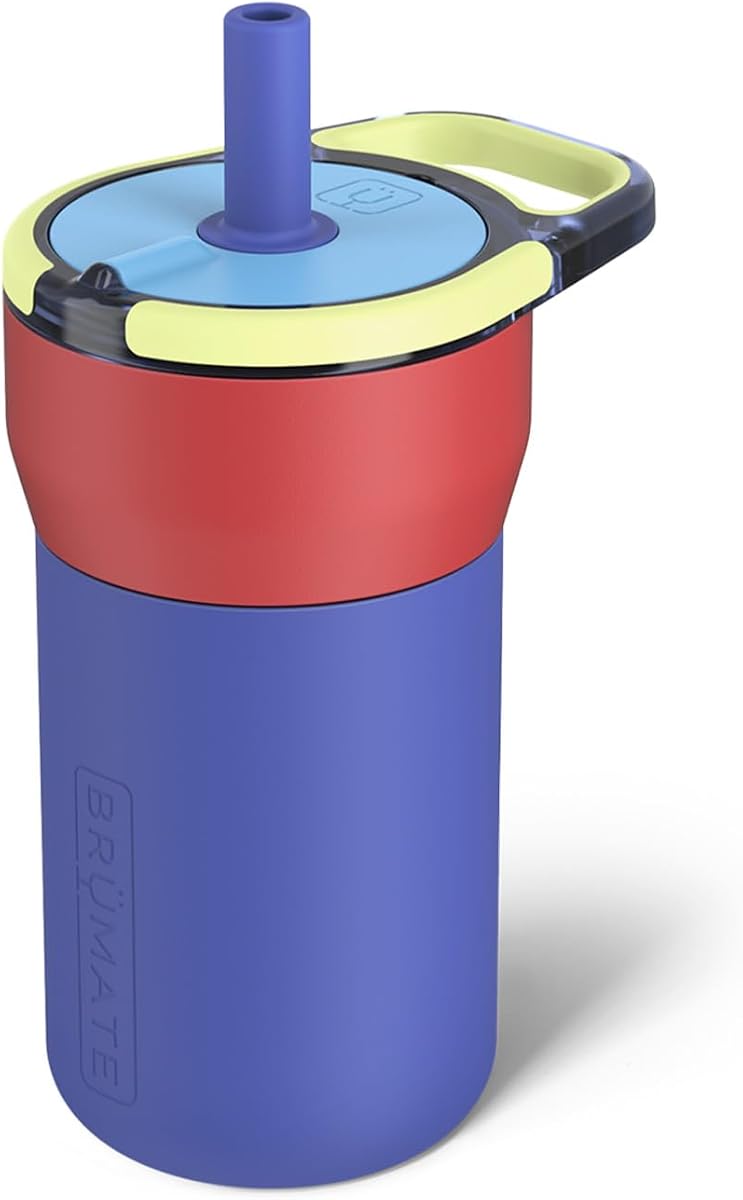 BrüMate Leap Vaso para niños 100% a prueba de fugas de 12 oz con asa y pajita suave de silicona | Funda de silicona resistente a caídas | Para niños mayores de 4 años | Acero inoxidable aislado | Compatible con portavasos | 12 onzas (supernova)