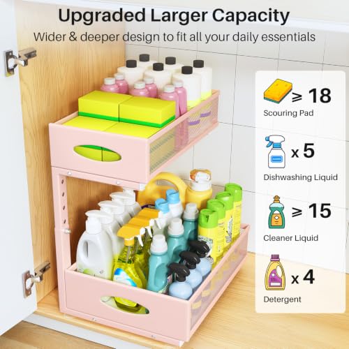 Image of Under Sink Organizer, 2 Tier Pull Out Under Cabinet Organizer Shelf with Pad for Framed Cabinets, Metal Slide Out Under Sink Storage, Mesh Sliding Drawers for Kitchen Bathroom Laundry(Pink, 1 Pack)