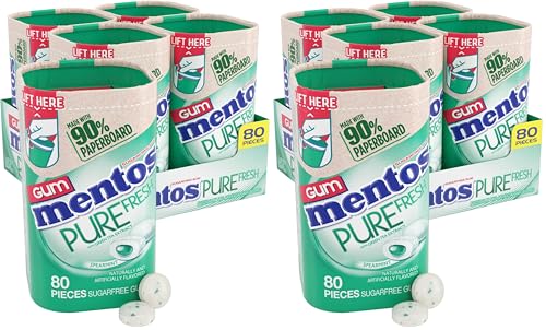 Image of Mentos Pure Fresh Sugar-Free Chewing Gum with Xylitol,Spearmint,in a recyclable 90% Paperboard Bottle,80 Piece Bottles,(Pack of 8)