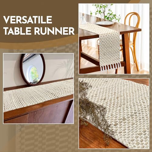 Image of Luxe Home Elegant Beige and White Woven Table Runner with Tassels - Mix Cotton Jute 13 x 74 Inch, Honeycomb - Perfect for Dining Table, Center Table, Decor