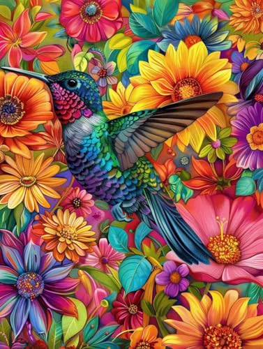 Peinture Diamant 5D Anti-Stress Grand Format - Kit Diamond Painting Fleurs Colibri 90x120