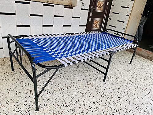 Image of Folding Bed | 1 Year Warranty | Portable Single Bed | 3X6 Feet Bed Size | Strong Iron Steel Metal Frame Pipe | Bed for Sleeping Guest, Easily Storable (Synthetic Stripe, Blue)